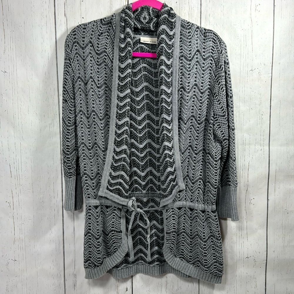 DKNY Jeans Gray Chevron Knit Belted Cardigan Cozy Minimalist Soft Grunge
